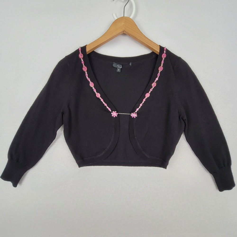 ECI New York Vintage Black Beaded Cardigan Sweater Women's Small Pink Trim